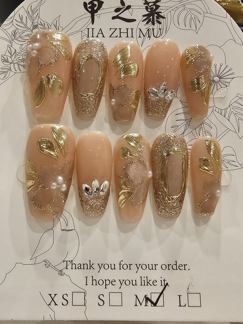 Pink & Gold Leaf Embellished Press-On Nails